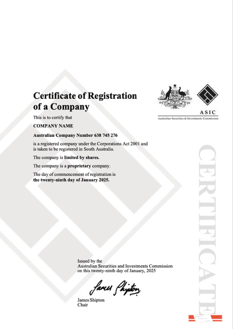 Australia certificate of company registration Word and PDF template, version 2